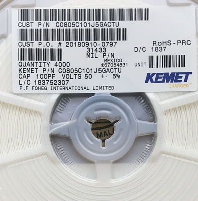 C0805C101J5GACTU 100pF 50V C0G/NP0 0805 Keramische condensator ±5% Tolerantie Hoogfrequentiestabiliteit Ultralage ESR Hoge Q-waarde en tape & reel verpakking voor precisiecircuits