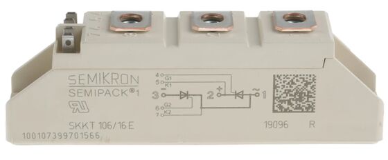 SKKT106/16E 1600V 106A Dual Thyristor Module Low VF 1.35V 2.4kA Surge AlN Ceramic Base Pressure Contacten SEMIPACK1 Geïsoleerd UL Gecertificeerd voor zachte starters en aandrijvingen