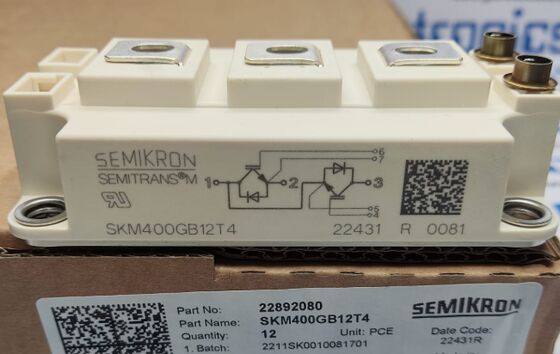SKM400GB12T4 1200V 400A Dual IGBT Module TRENCHSTOP™ IGBT4 Lage VCE(sat) 1.75V 10μs SC-capaciteit CAL-diode Lage schakelverliezen SEMITRANS3 UL-gecertificeerd voor aandrijvingen met hoog vermogen