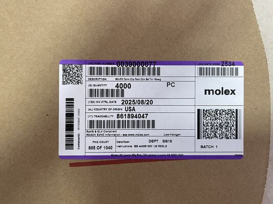 0039000077 2,36 mm Diameter Vertind Koperen Spade Connector Krimpaansluiting Niet-geïsoleerd 16-14 AWG 600V Nominaal 20A Stroom Rolverpakking voor Automobiel- en Industriële Bedrading