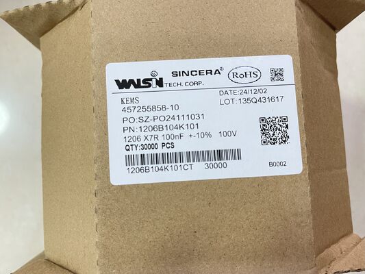 1206B104K101CT – MLCC 1206 behuizing X7R diëlektricum 0,1µF ±10% 100V nominale lage ESR brede -55°C tot +125°C bereik perfect voor ontkoppeling en stroomfiltering